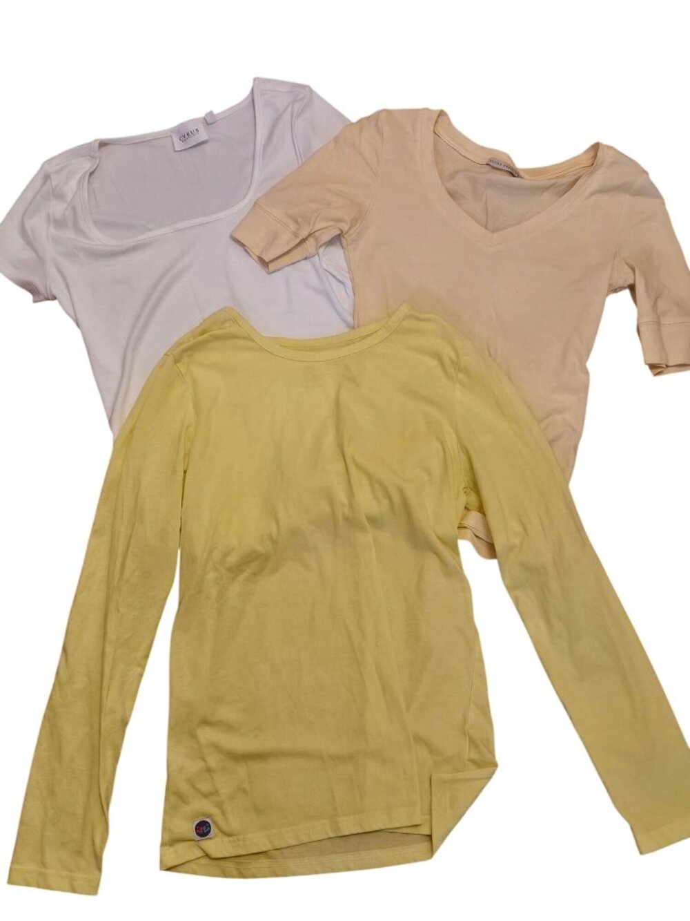 Three Womens Tops Lot - Cyrus Essentials Sivan Active Basic S/M Yellow/White/Bei